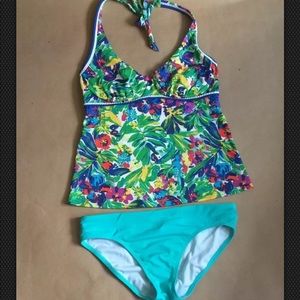Lands End Tankini Blue Floral Halter Size 6